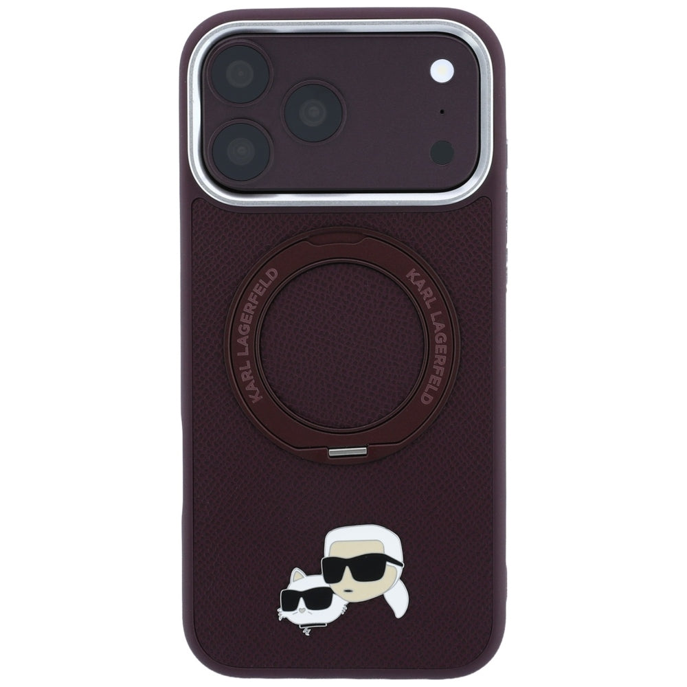 Coque MagSafe pour Apple iPhone 18 Pro / 17 Pro, Karl Lagerfeld, Support Anneau 360 Karl & Broche Choupette, Bordeaux