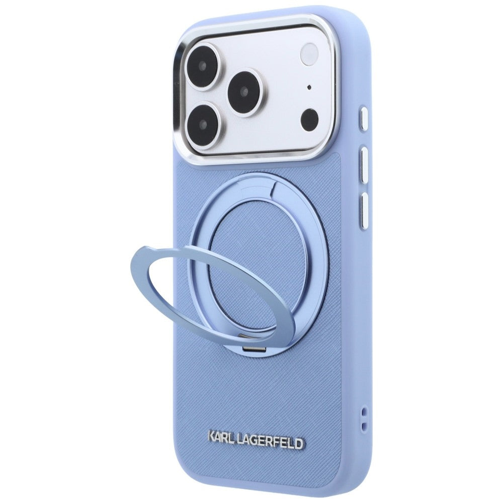 Coque MagSafe pour Apple iPhone 18 Pro / 17 Pro, Karl Lagerfeld, Support Anneau 360 Saffiano, Bleu