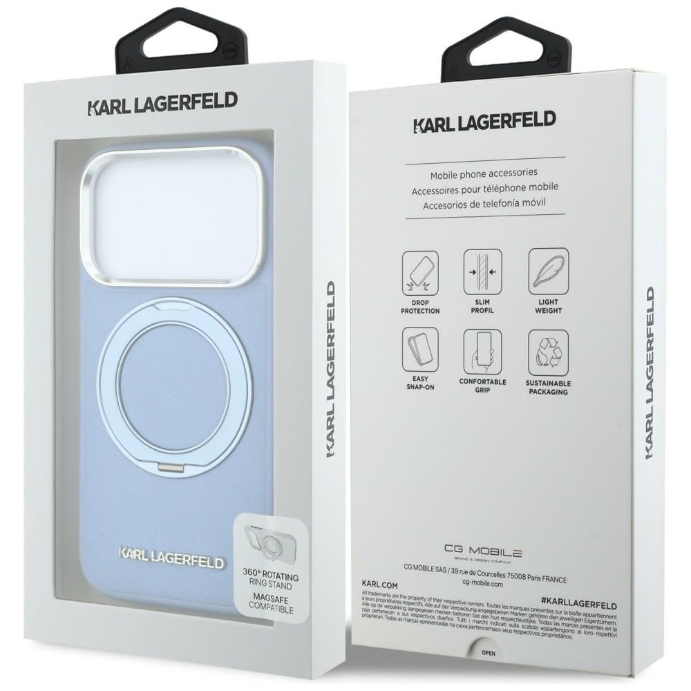 Coque MagSafe pour Apple iPhone 18 Pro / 17 Pro, Karl Lagerfeld, Support Anneau 360 Saffiano, Bleu