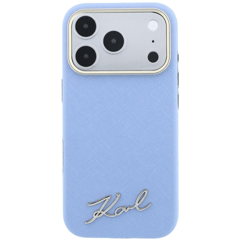 Coque MagSafe pour Apple iPhone 18 Pro / 17 Pro, Karl Lagerfeld, Logo Métal Petit Script Saffiano, Bleu