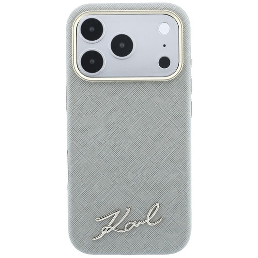 MagSafe-Hülle für Apple iPhone 18 Pro / 17 Pro, Karl Lagerfeld, Saffiano Small Script Metall-Logo, Grau Beige