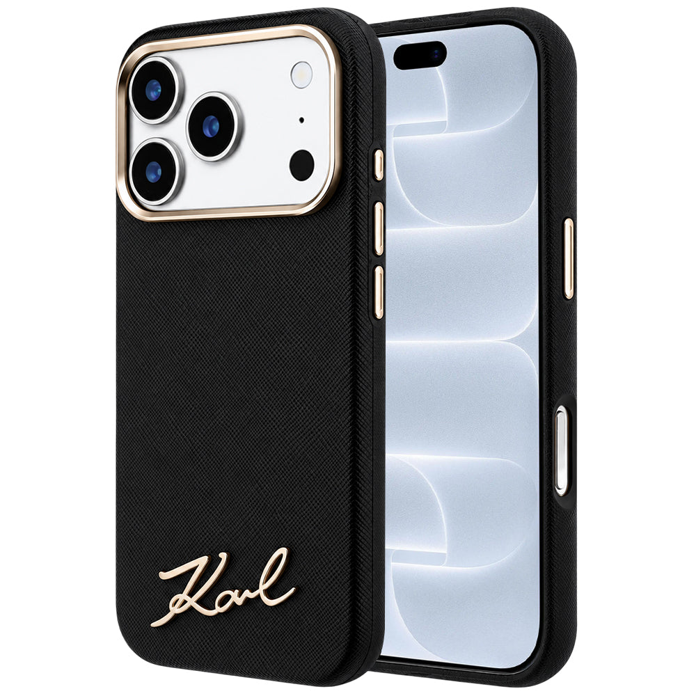 Coque MagSafe pour Apple iPhone 18 Pro / 17 Pro, Karl Lagerfeld, Saffiano Small Script Metal Logo, Noire