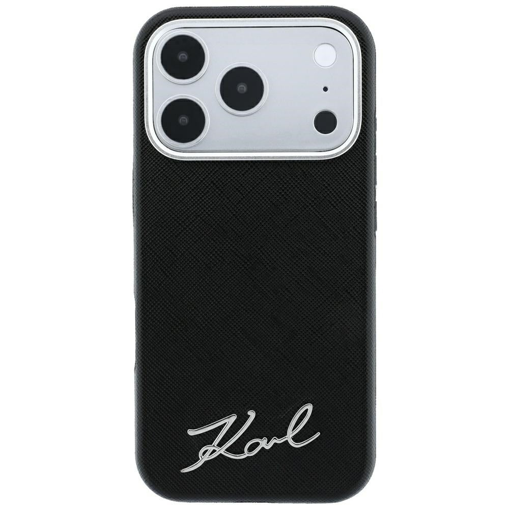 Coque MagSafe pour Apple iPhone 18 Pro / 17 Pro, Karl Lagerfeld, Saffiano Small Script Metal Logo, Noire