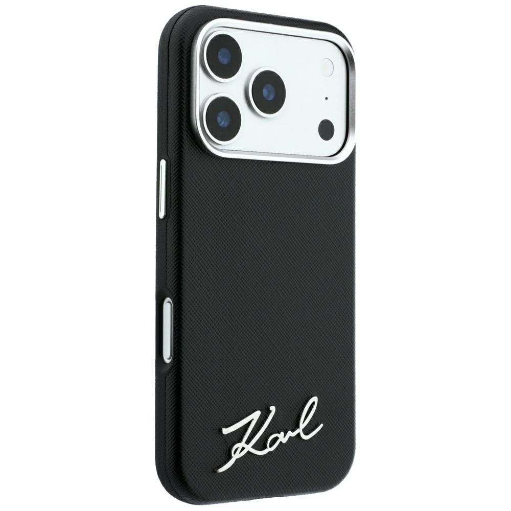 Coque MagSafe pour Apple iPhone 18 Pro / 17 Pro, Karl Lagerfeld, Saffiano Small Script Metal Logo, Noire