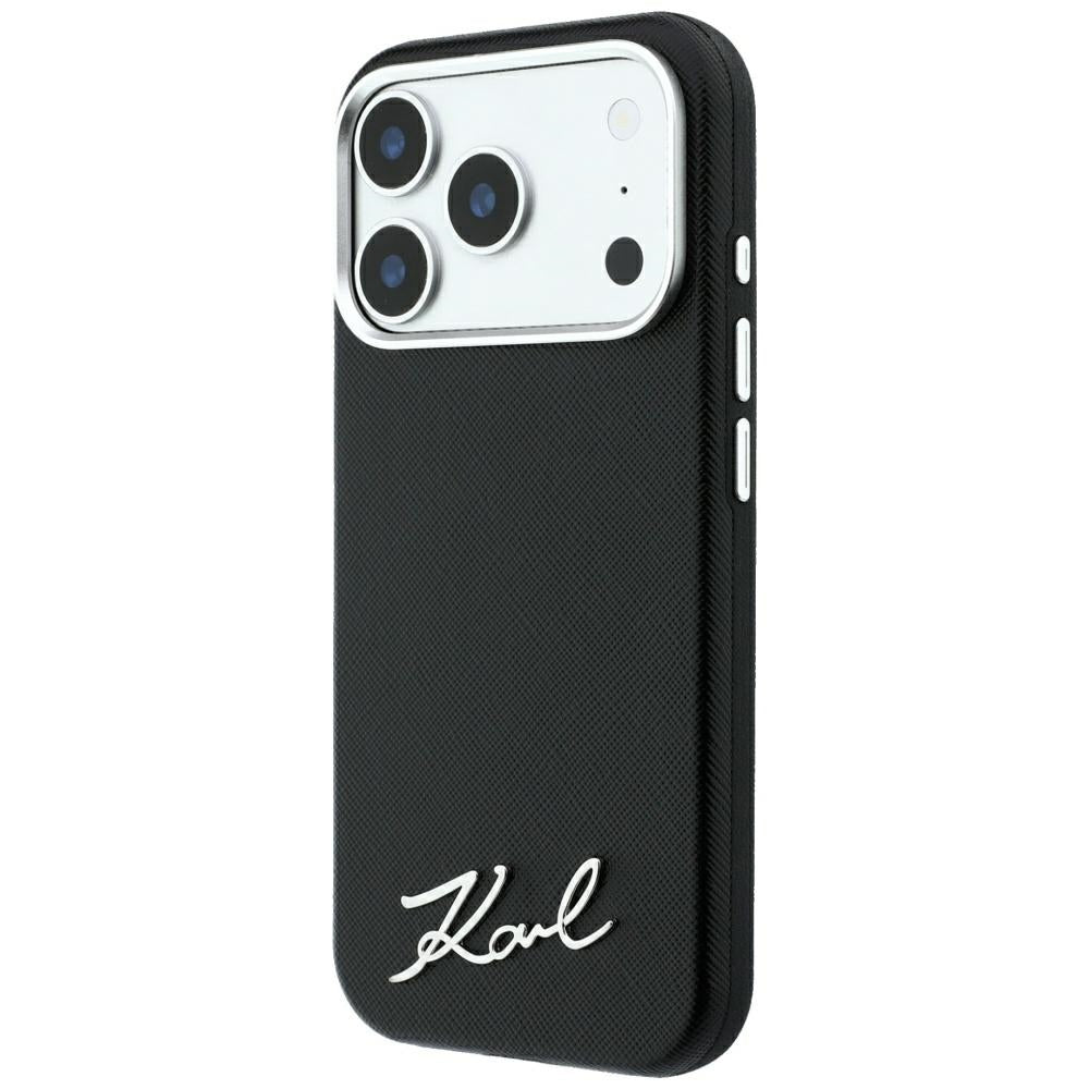 Coque MagSafe pour Apple iPhone 18 Pro / 17 Pro, Karl Lagerfeld, Saffiano Small Script Metal Logo, Noire