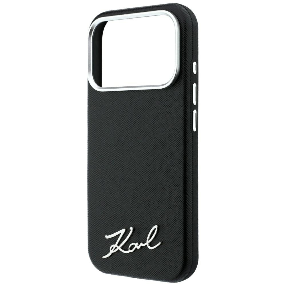 Coque MagSafe pour Apple iPhone 18 Pro / 17 Pro, Karl Lagerfeld, Saffiano Small Script Metal Logo, Noire