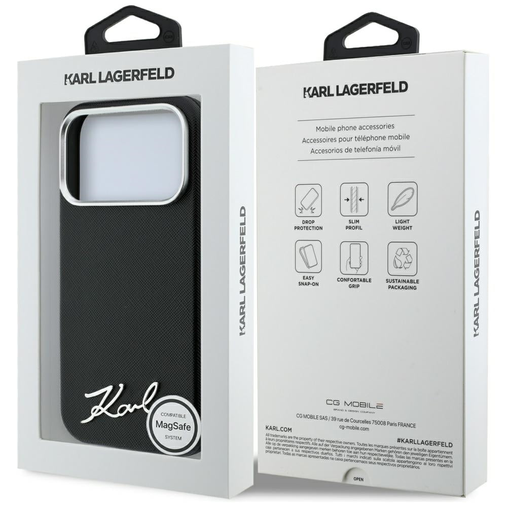 Coque MagSafe pour Apple iPhone 18 Pro / 17 Pro, Karl Lagerfeld, Saffiano Small Script Metal Logo, Noire