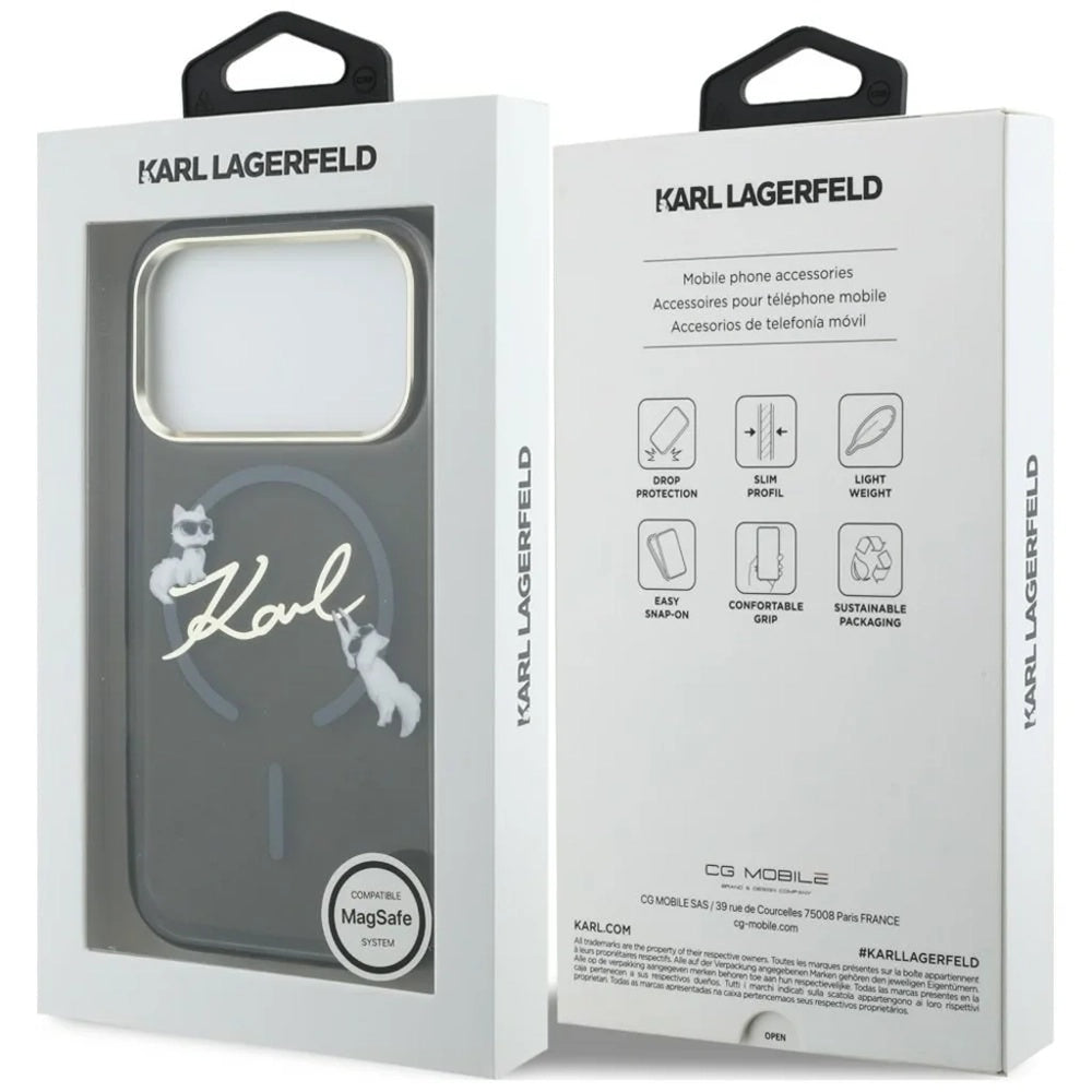 Coque MagSafe pour Apple iPhone 18 Pro, Karl Lagerfeld, IML Choupette Karl Script Logo, Noire