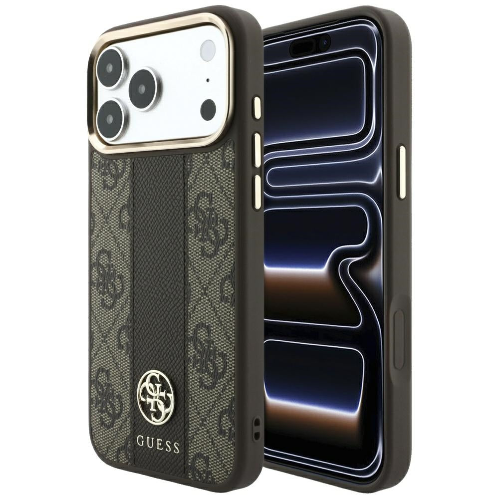 Coque MagSafe pour Apple iPhone 18 Pro Max / 17 Pro Max, Guess, Logo Classique Rond 4G Stripe, Marron