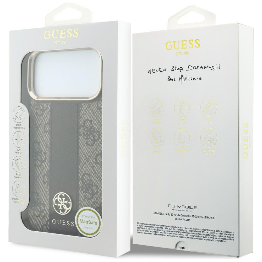 Coque MagSafe pour Apple iPhone 18 Pro Max / 17 Pro Max, Guess, Logo Classique Rond 4G Stripe, Marron