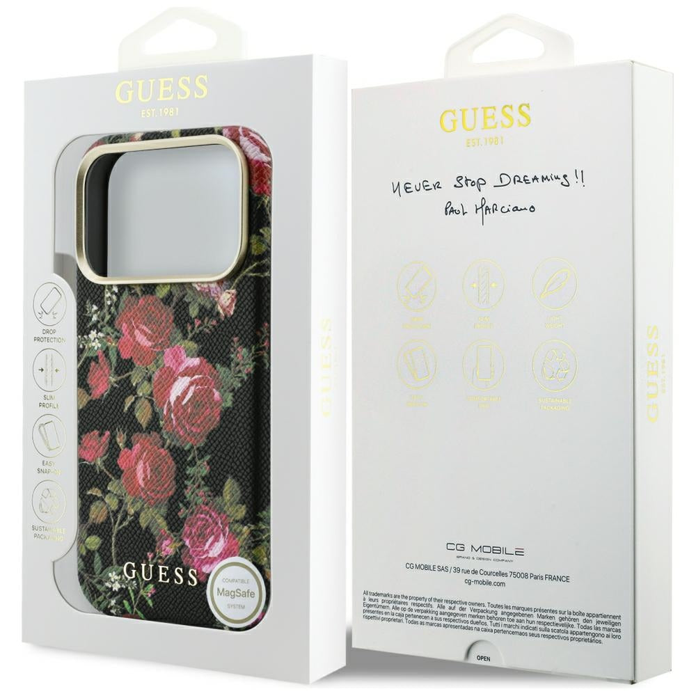 MagSafe-Hülle für Apple iPhone 18 Pro Max / 17 Pro Max, Guess, Blossom Roses Print, Schwarz