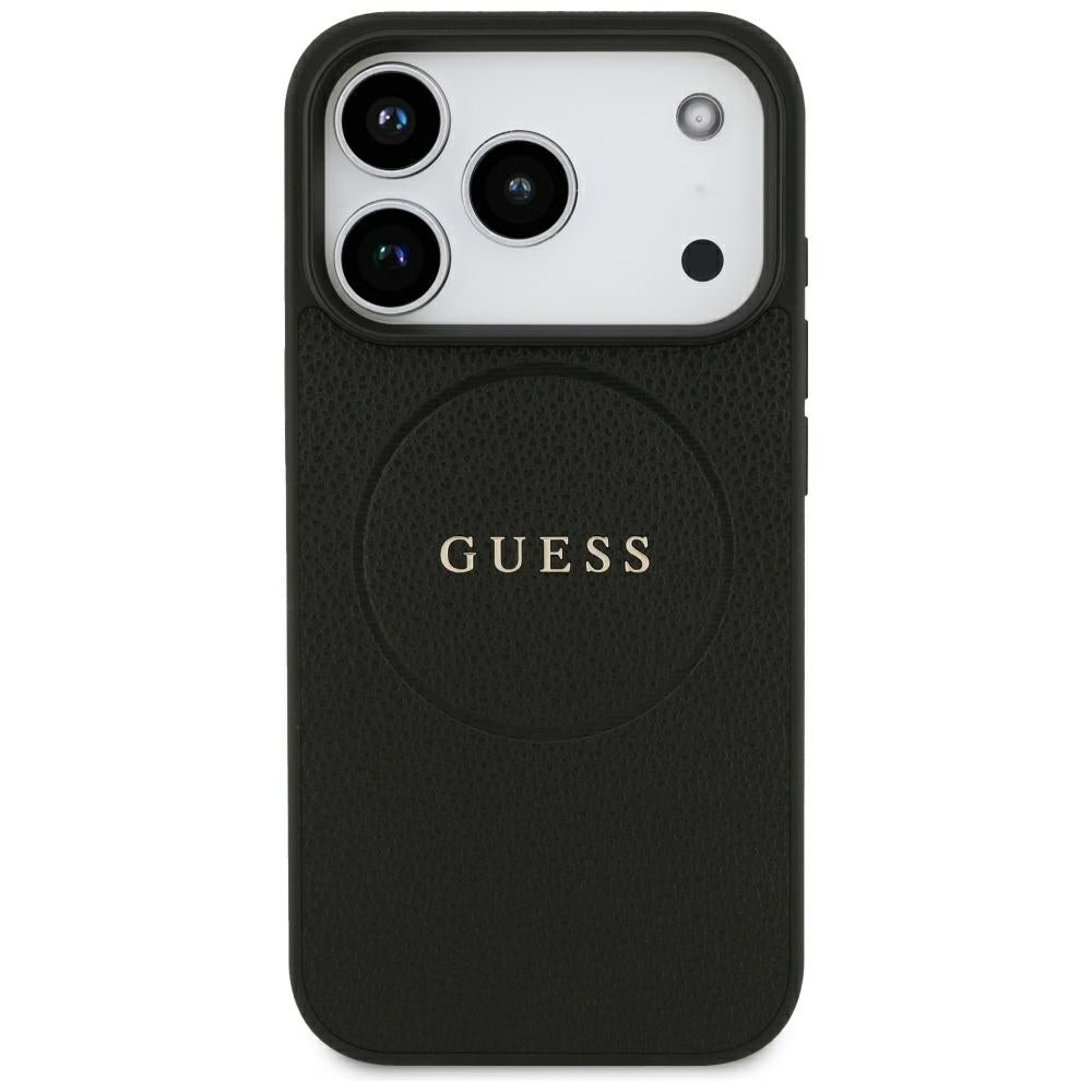 Coque MagSafe pour Apple iPhone 18 Pro Max / 17 Pro Max, Guess, Anneau Doré Grainé, Noire