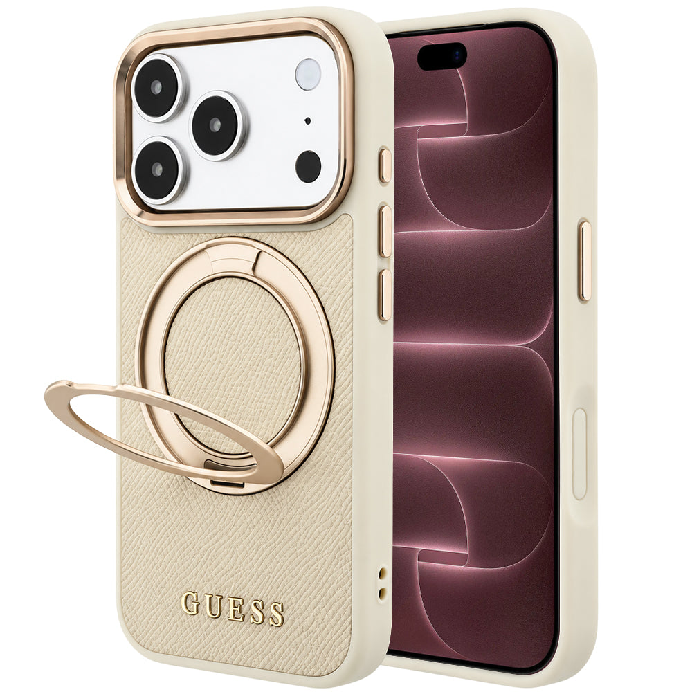 MagSafe-Hülle für Apple iPhone 18 Pro Max / 17 Pro Max, Guess, Grained Ring Stand 360 Classic, Beige