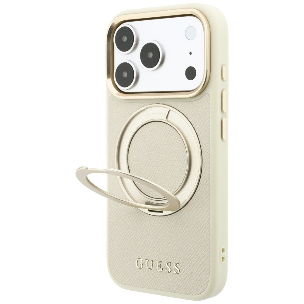 MagSafe-Hülle für Apple iPhone 18 Pro Max / 17 Pro Max, Guess, Grained Ring Stand 360 Classic, Beige