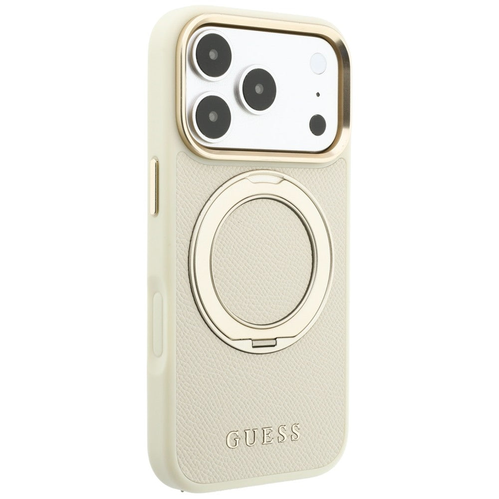 MagSafe-Hülle für Apple iPhone 18 Pro Max / 17 Pro Max, Guess, Grained Ring Stand 360 Classic, Beige