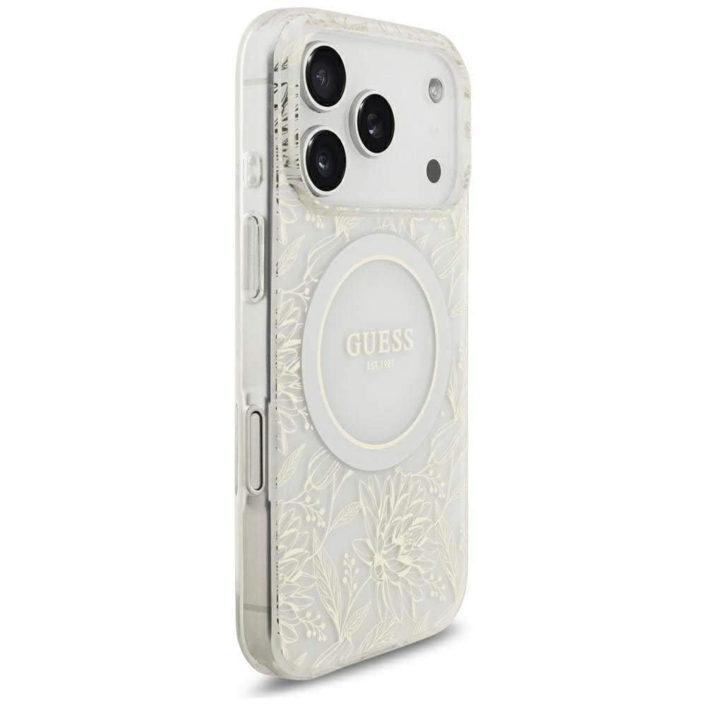 Coque MagSafe pour Apple iPhone 18 Pro Max / 17 Pro Max, Guess, Fleurs IML Électroplaquées avec Bracelet Perle, Blanc