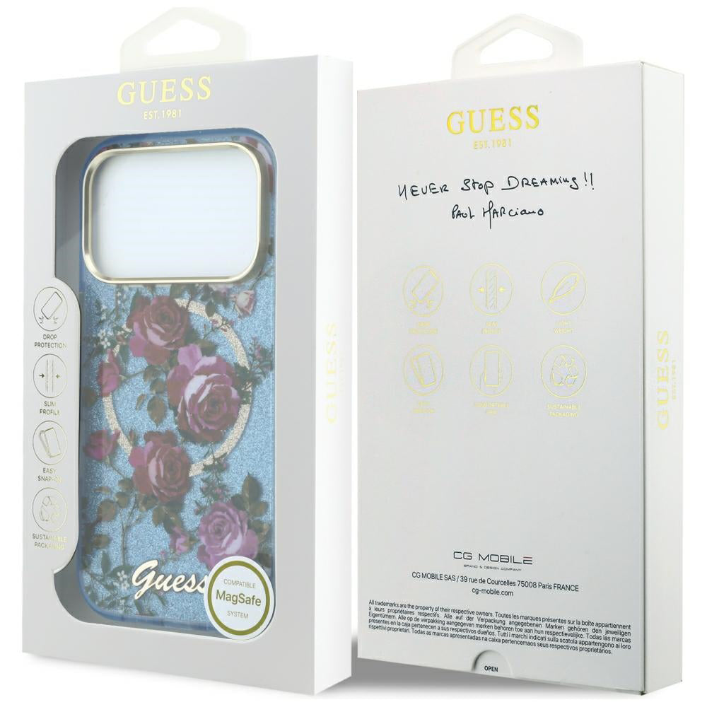 MagSafe Case for Apple iPhone 18 Pro Max / 17 Pro Max, Guess, IML Glitter Blossom Roses, Blue