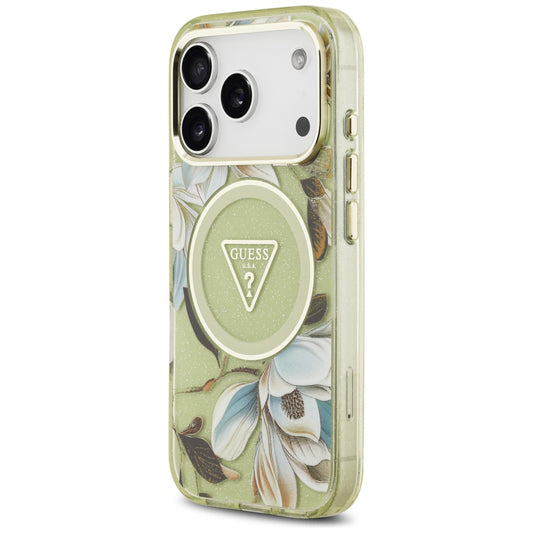 Coque MagSafe pour Apple iPhone 18 Pro Max / 17 Pro Max, Guess, IML Metal Glitter Flowers Triangle, verte