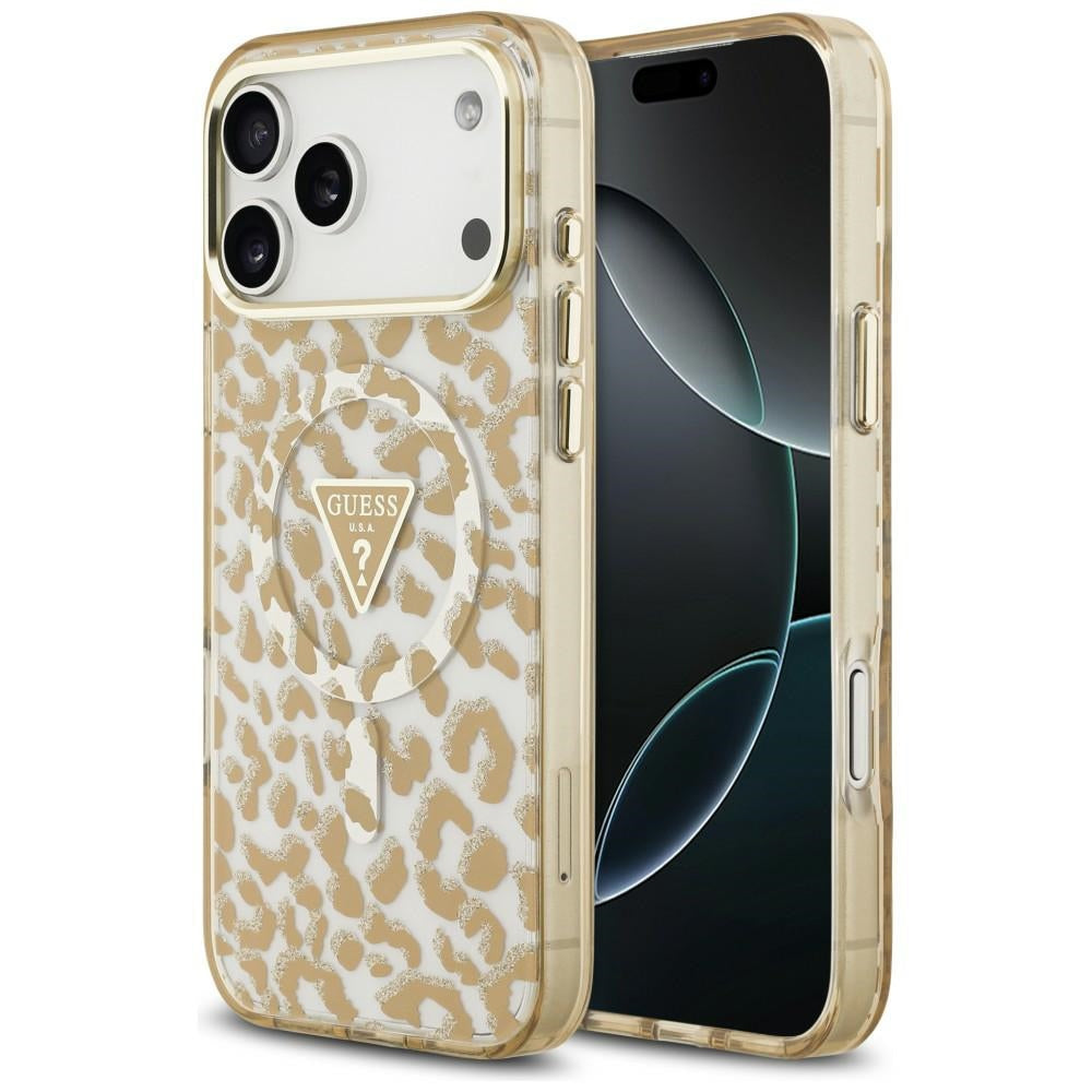 Coque MagSafe pour Apple iPhone 18 Pro Max / 17 Pro Max, Guess, Logo Triangle Paillettes Léopard, Marron