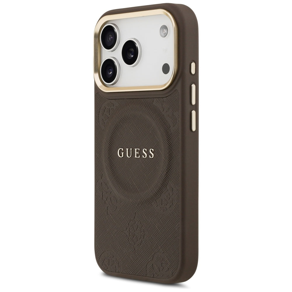 Coque MagSafe pour Apple iPhone 18 Pro Max / 17 Pro Max, Guess, Saffiano Peony Ring, marron