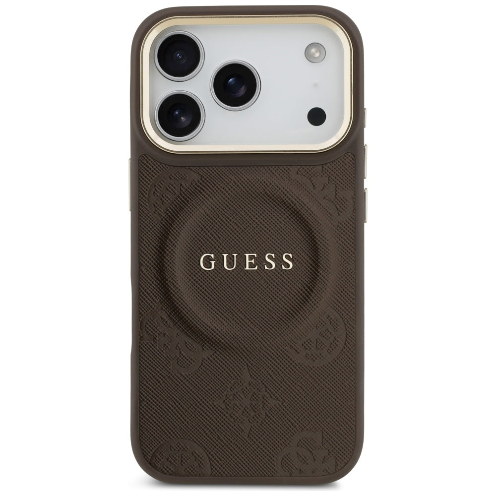 Coque MagSafe pour Apple iPhone 18 Pro Max / 17 Pro Max, Guess, Saffiano Peony Ring, marron