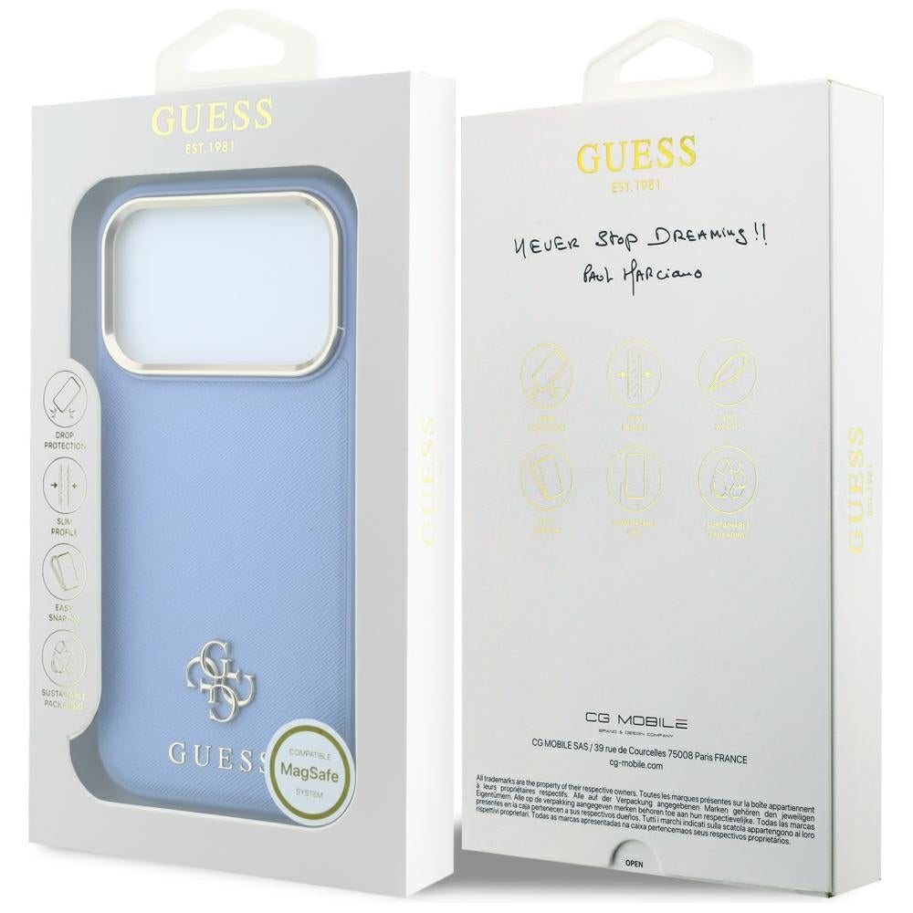 Coque MagSafe pour Apple iPhone 18 Pro Max / 17 Pro Max, Guess, Saffiano Small 4G Classic, Bleu