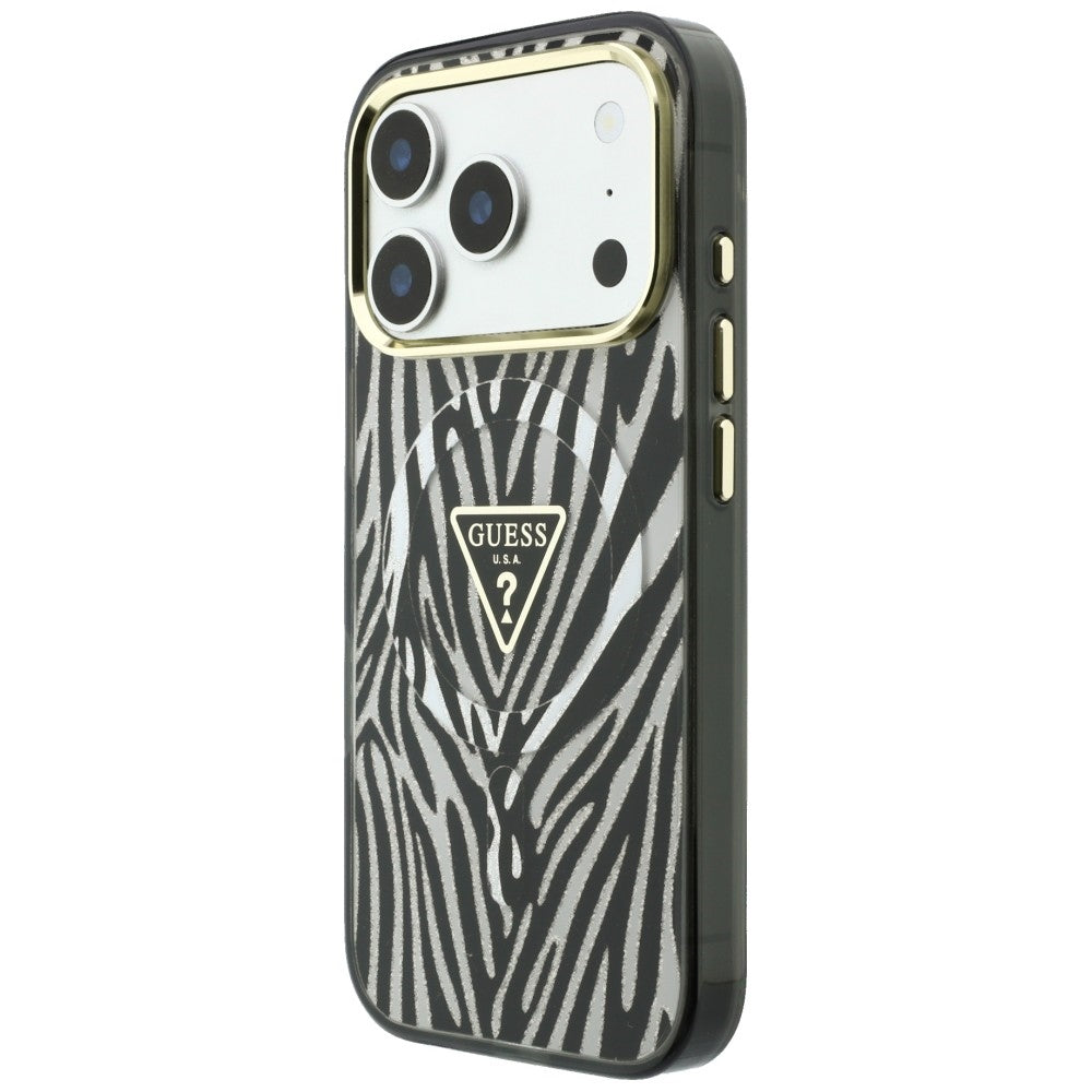 MagSafe-Hülle für Apple iPhone 18 Pro Max / 17 Pro Max, Guess, Zebra Glitter Dreieck Logo, Silber