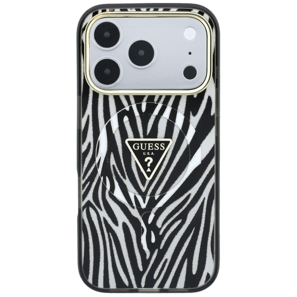 MagSafe-Hülle für Apple iPhone 18 Pro Max / 17 Pro Max, Guess, Zebra Glitter Dreieck Logo, Silber