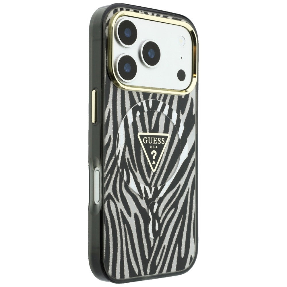 MagSafe-Hülle für Apple iPhone 18 Pro Max / 17 Pro Max, Guess, Zebra Glitter Dreieck Logo, Silber