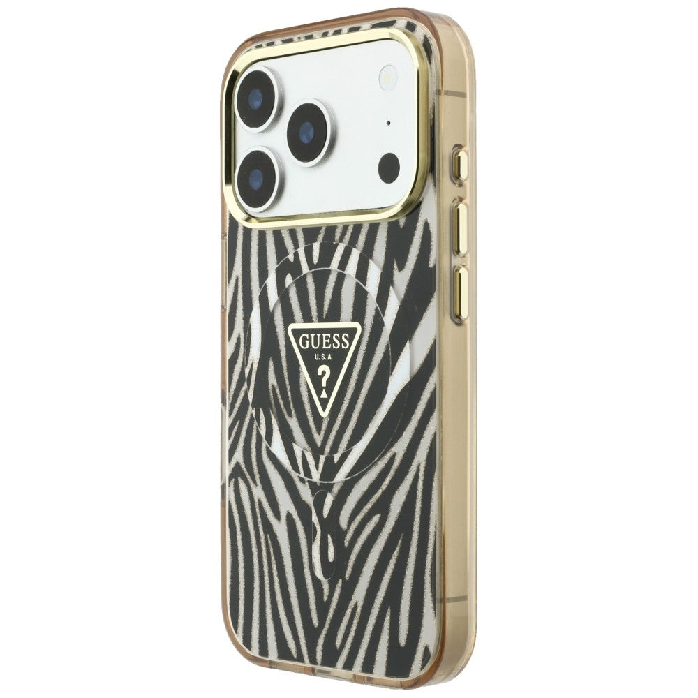 Coque MagSafe pour Apple iPhone 18 Pro Max / 17 Pro Max, Guess, Logo Triangle Paillettes Zèbre, Dorée
