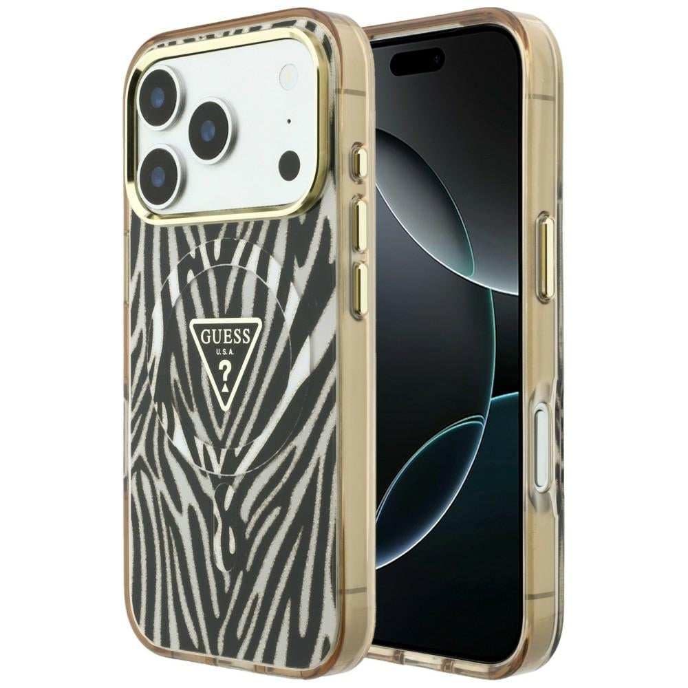 Coque MagSafe pour Apple iPhone 18 Pro Max / 17 Pro Max, Guess, Logo Triangle Paillettes Zèbre, Dorée