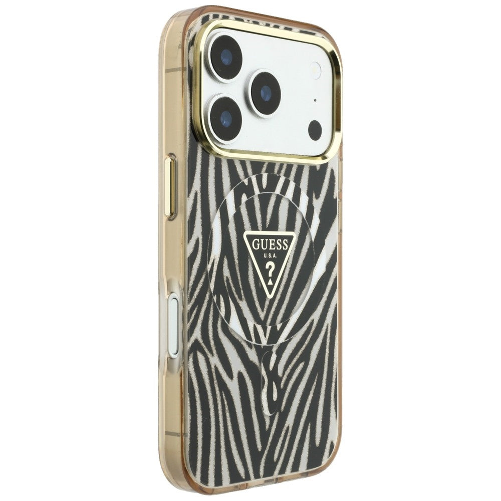 Coque MagSafe pour Apple iPhone 18 Pro Max / 17 Pro Max, Guess, Logo Triangle Paillettes Zèbre, Dorée