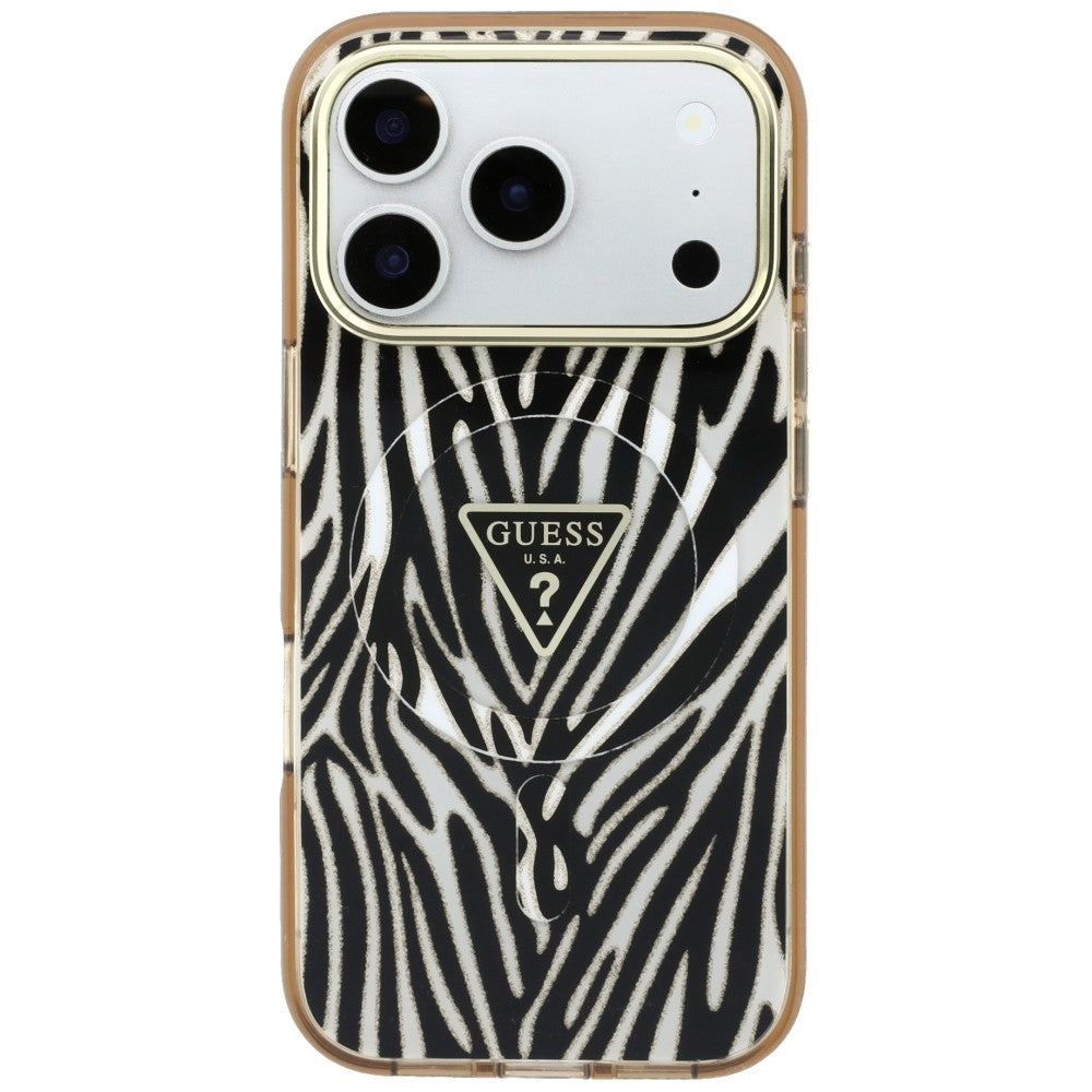 Coque MagSafe pour Apple iPhone 18 Pro Max / 17 Pro Max, Guess, Logo Triangle Paillettes Zèbre, Dorée