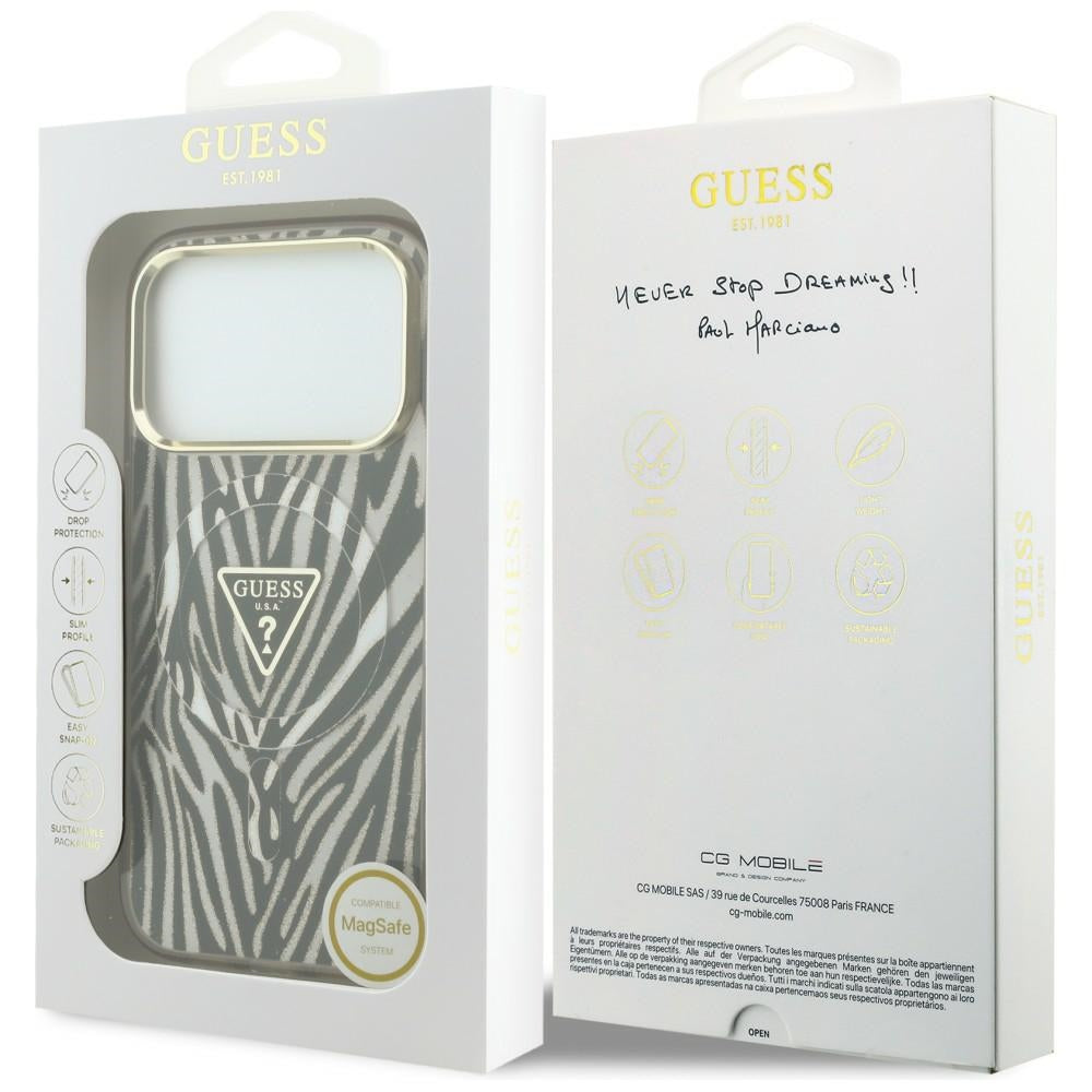 Coque MagSafe pour Apple iPhone 18 Pro Max / 17 Pro Max, Guess, Logo Triangle Paillettes Zèbre, Dorée