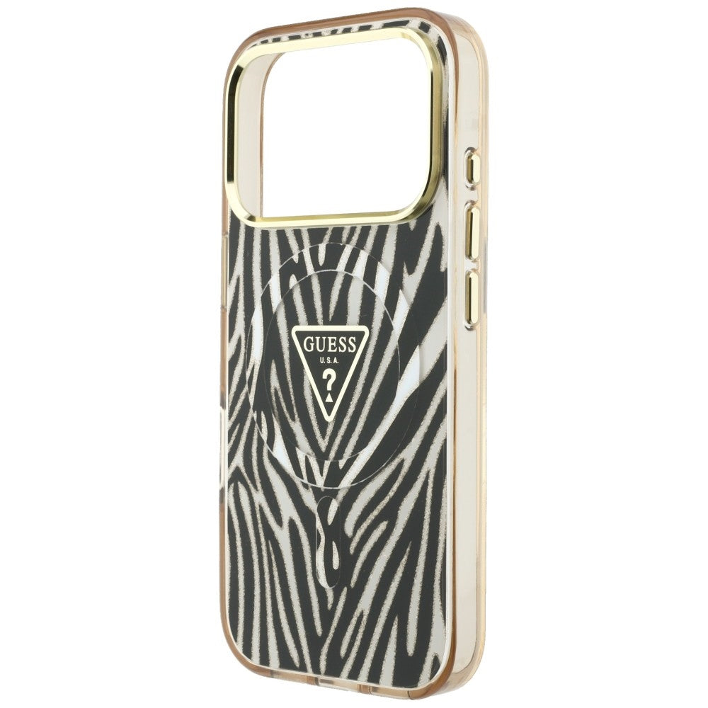 Coque MagSafe pour Apple iPhone 18 Pro Max / 17 Pro Max, Guess, Logo Triangle Paillettes Zèbre, Dorée
