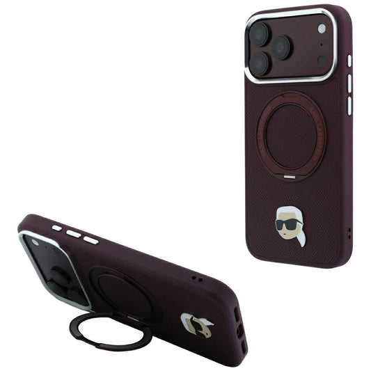 MagSafe Case for Apple iPhone 18 Pro Max / 17 Pro Max, Karl Lagerfeld, Ring Stand 360 Karl Pin, Burgundy
