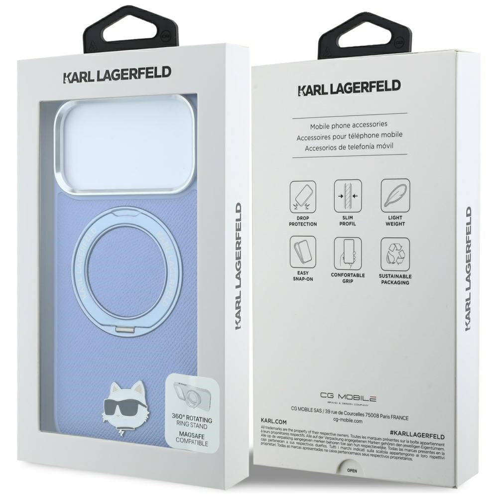 MagSafe-Hülle für Apple iPhone 18 Pro Max / 17 Pro Max, Karl Lagerfeld, Saffiano Ring Stand 360 Choupette Pin, Blau