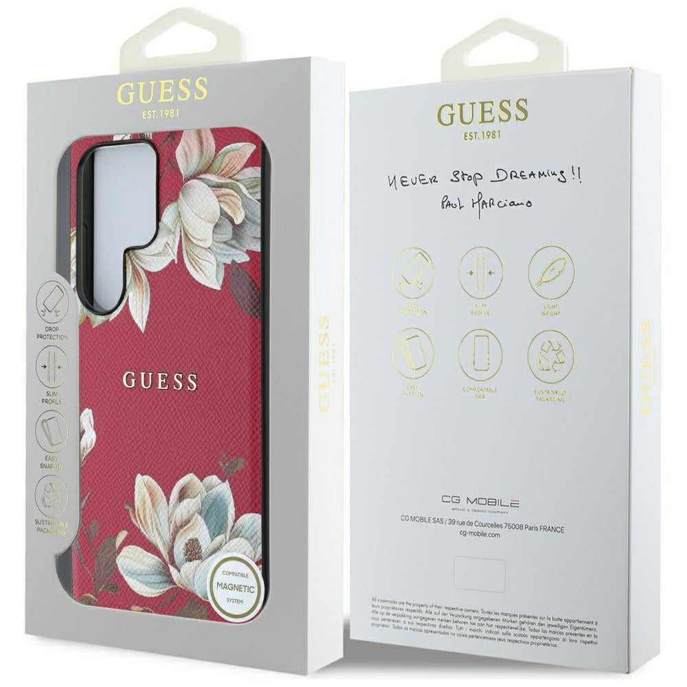 Coque MagSafe pour Samsung Galaxy S25 Ultra S938, Guess, Grained Flowers, Fuchsia