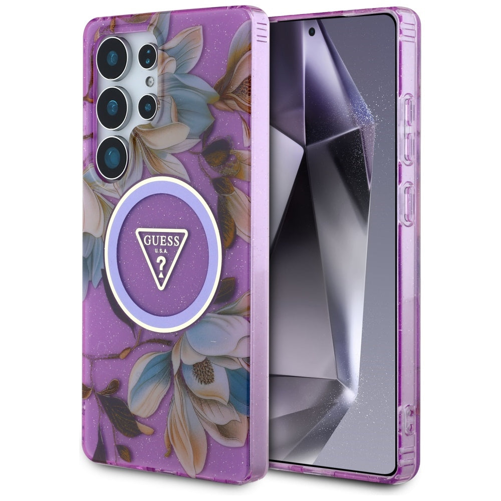 Étui MagSafe pour Samsung Galaxy S25 Ultra S938, Guess, IML Metal Glitter Flowers Triangle, Violet