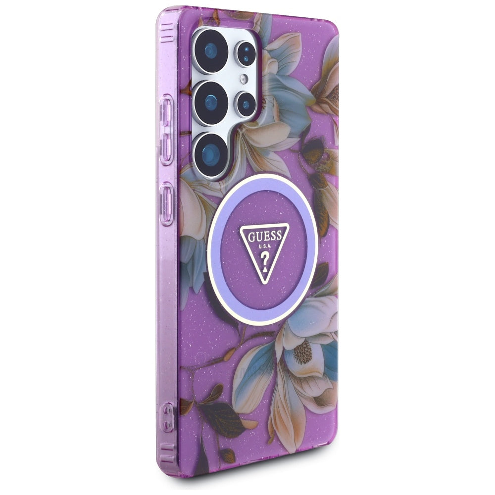 Étui MagSafe pour Samsung Galaxy S25 Ultra S938, Guess, IML Metal Glitter Flowers Triangle, Violet