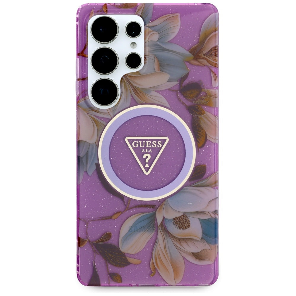 Étui MagSafe pour Samsung Galaxy S25 Ultra S938, Guess, IML Metal Glitter Flowers Triangle, Violet