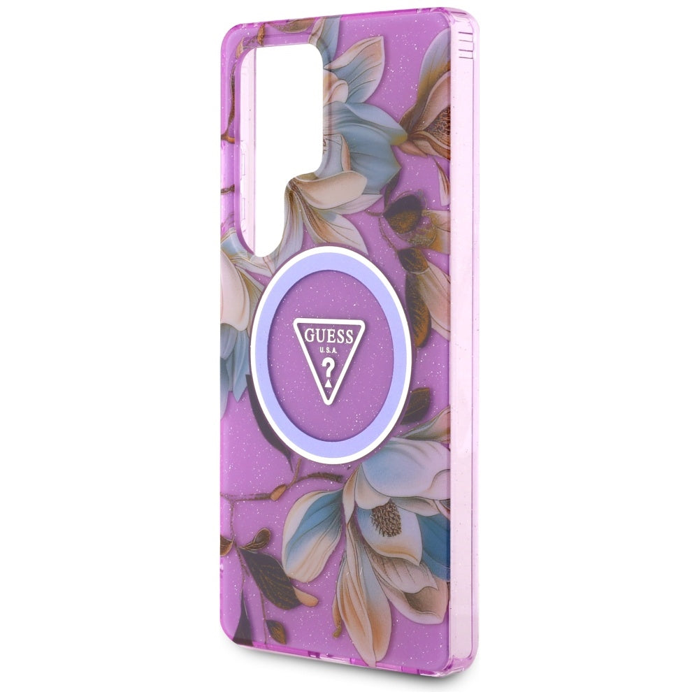 Étui MagSafe pour Samsung Galaxy S25 Ultra S938, Guess, IML Metal Glitter Flowers Triangle, Violet