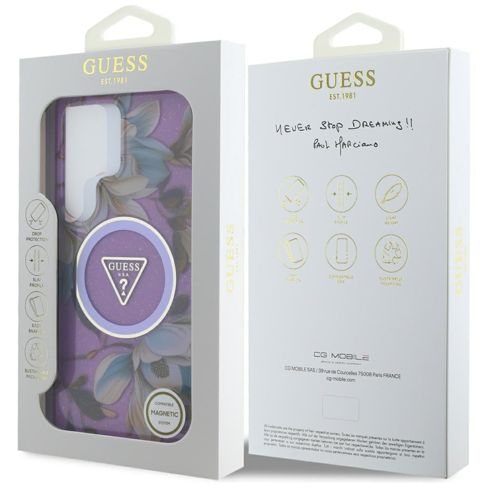 Étui MagSafe pour Samsung Galaxy S25 Ultra S938, Guess, IML Metal Glitter Flowers Triangle, Violet