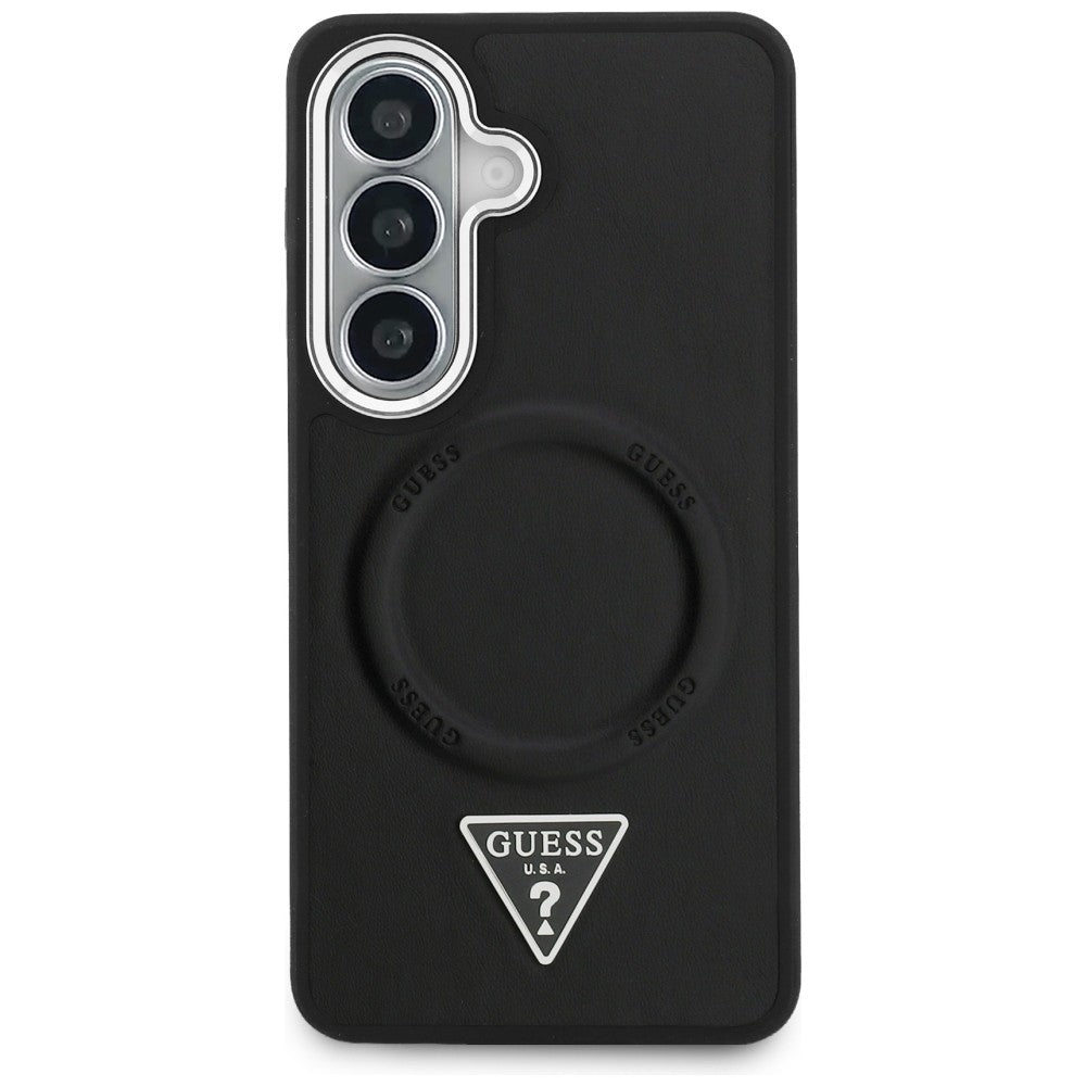 Coque MagSafe pour Samsung Galaxy S26 S942, Guess, Logo Triangle Anneau en Relief, Noire