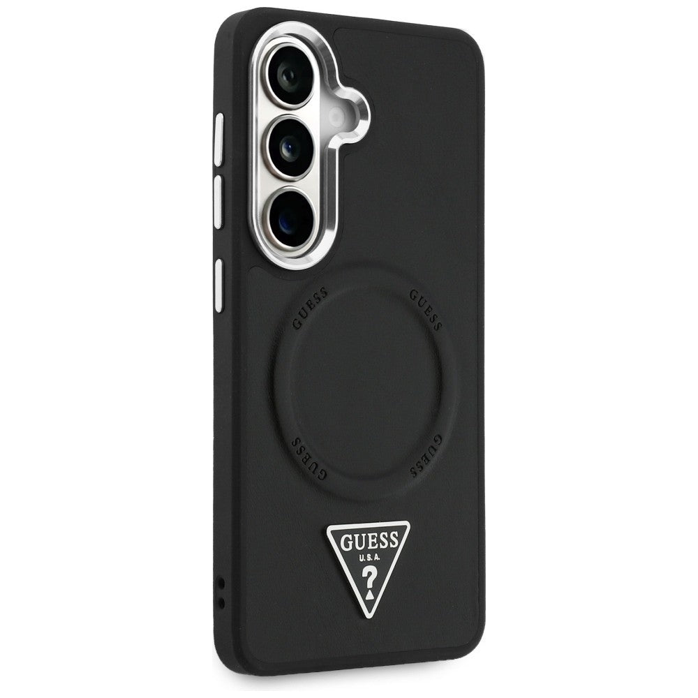 Coque MagSafe pour Samsung Galaxy S26 S942, Guess, Logo Triangle Anneau en Relief, Noire