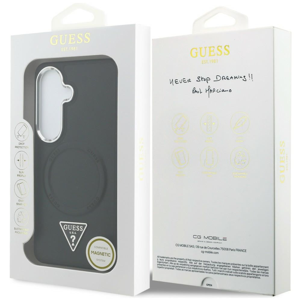 Coque MagSafe pour Samsung Galaxy S26 S942, Guess, Logo Triangle Anneau en Relief, Noire