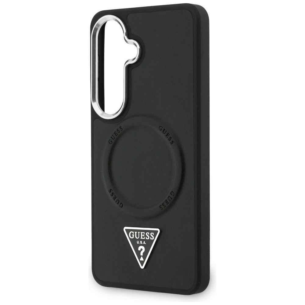 Coque MagSafe pour Samsung Galaxy S26 S942, Guess, Logo Triangle Anneau en Relief, Noire