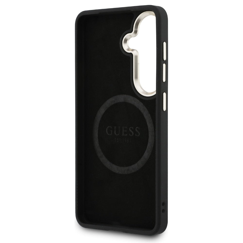 MagSafe Hülle für Samsung Galaxy S26 S942, Guess, Saffiano Peony Embossed Ring, Schwarz