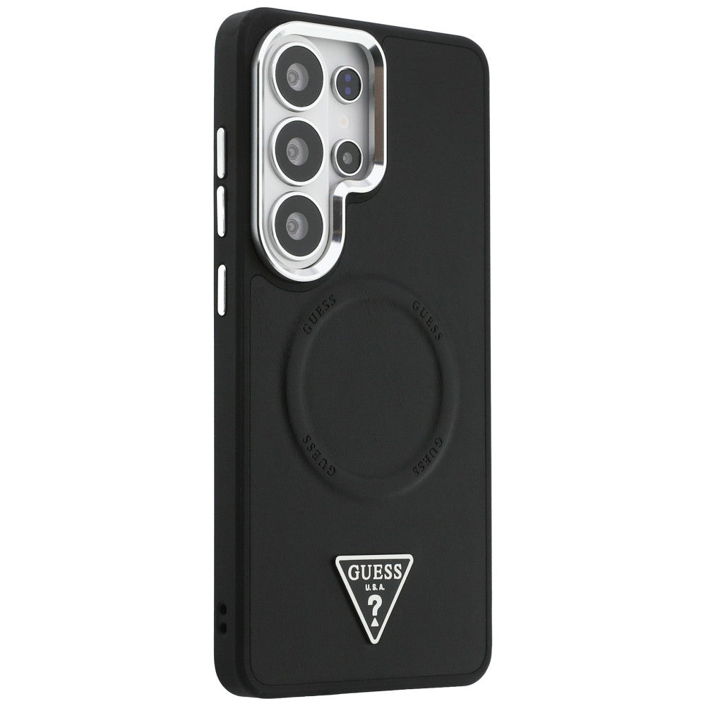 Coque MagSafe pour Samsung Galaxy S26 Ultra S948, Guess, Logo Triangle Anneau en Relief, Noire