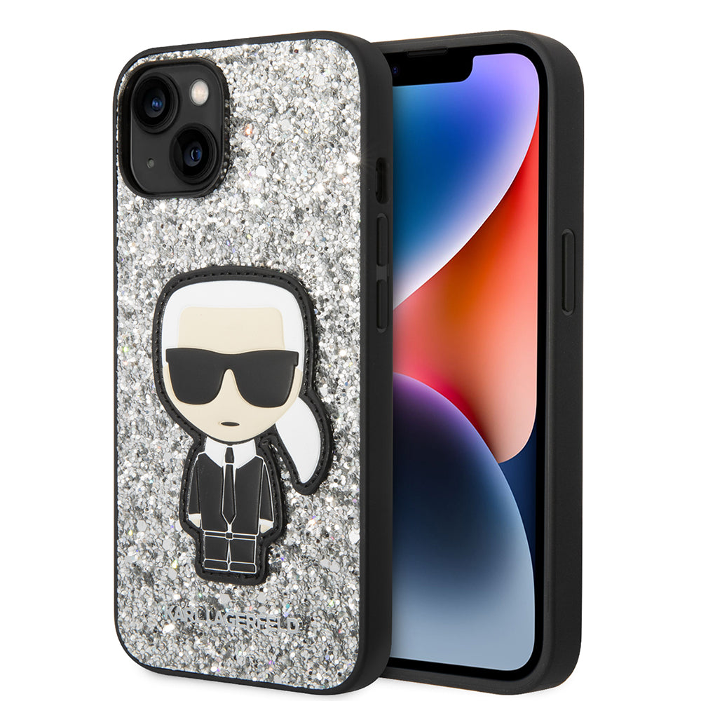 Hülle für Apple iPhone 14, Karl Lagerfeld, Glitter Flakes Ikonik Karl, Silbern